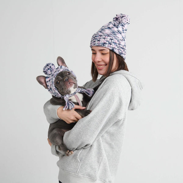 Human Pompom Hat - Pink Grey Navy