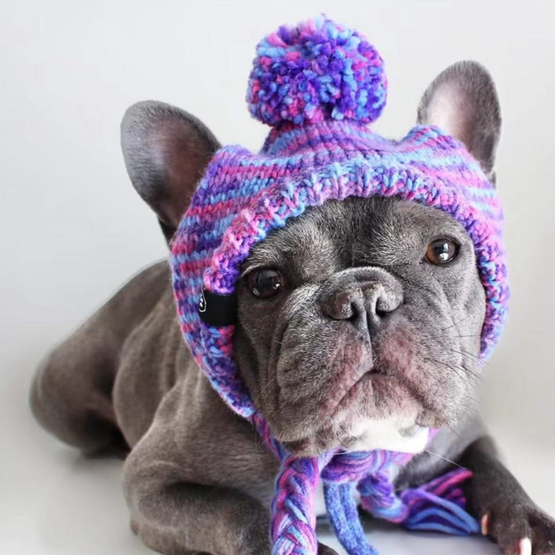 Knit Pom Pom Dog Beanie Hat - Purple & Lavender